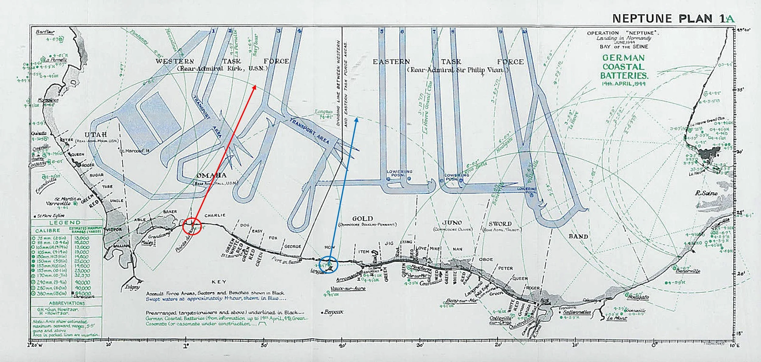 Map showing the major German coastal batteries in the Neptune invasion area in relation to the transport areas and lowering positions for the invasion fleet.