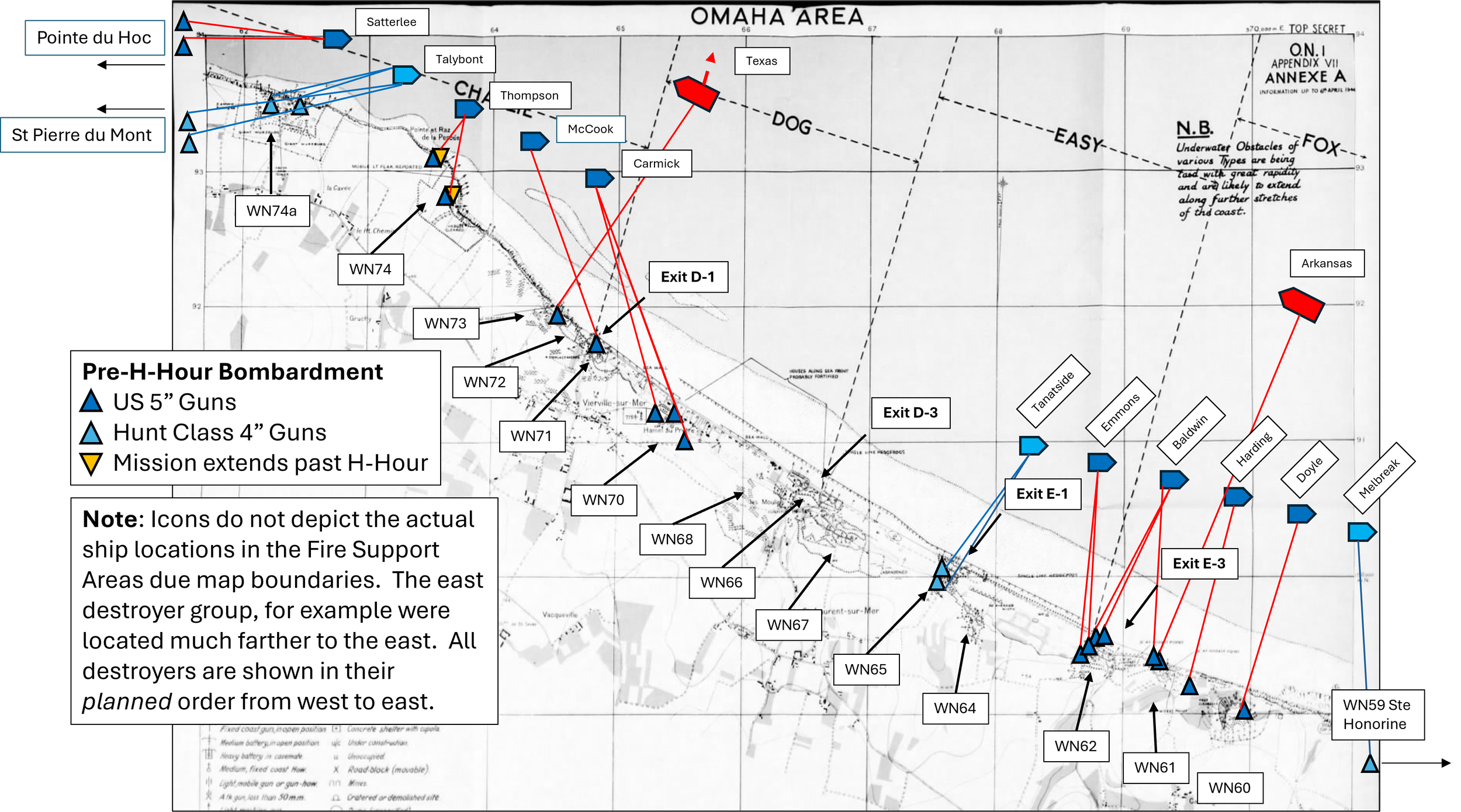 Graphical representation of planned destroyer and battleship secondary battery fires for Omaha Beach on D-Day.