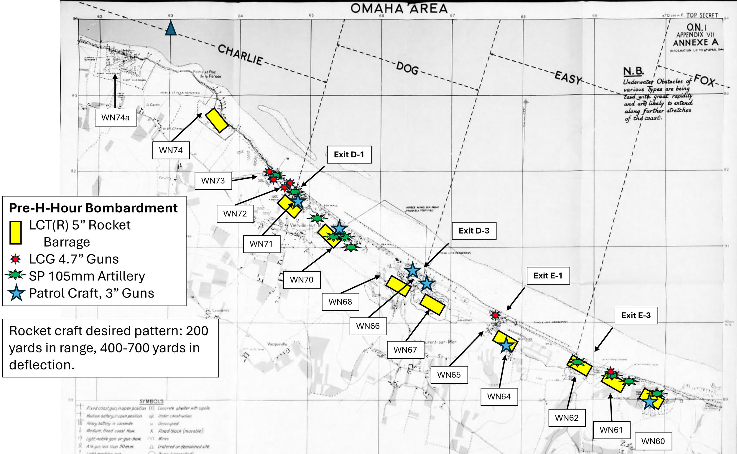 Graphic representation of planned LCT(R), LCG(L), self-propelled artillery and patrol craft fires for Omaha Beach on D-Day.