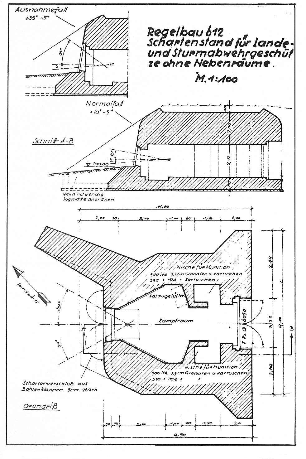 Blueprint for the design of a concrete German defensive gun position defending the Normandy coast, D-Day.
