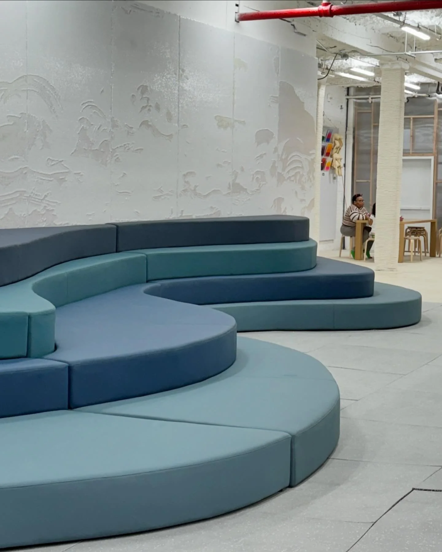 Our custom blue leather topography couch has been installed and she is PERFECT ❤️