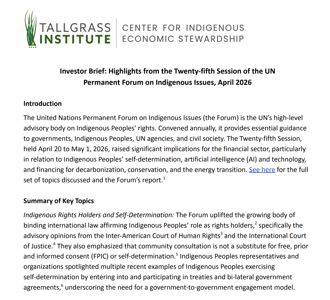 Tallgrass Institute Releases UNPFII 2026 Investor Brief