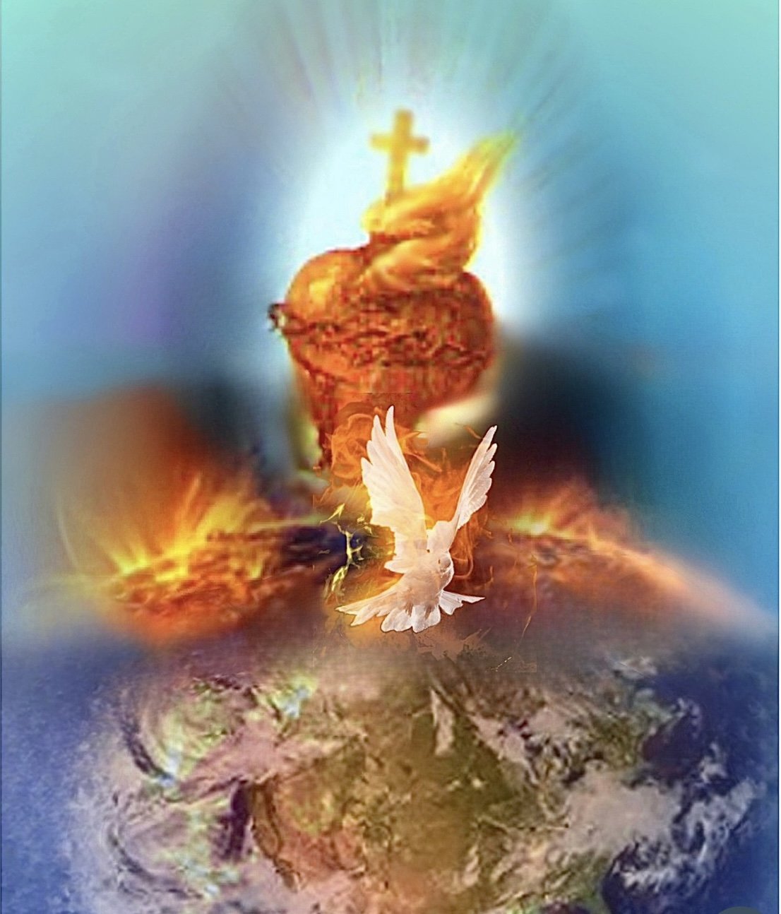 Fiery heart with cross, white dove, earth, fiery backdrop