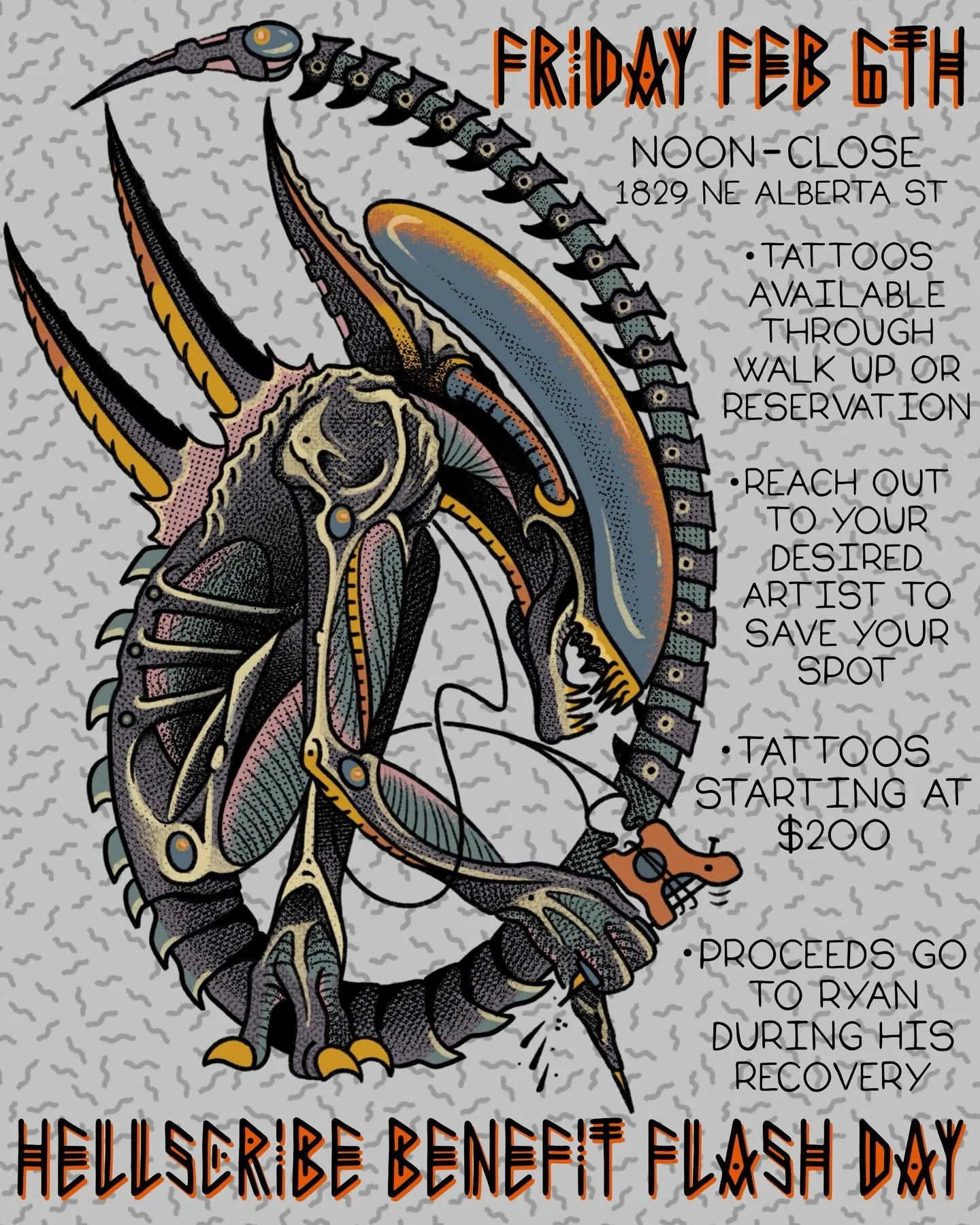 FRIDAY FEB 6TH

FLASH DAY AT HOT DAMN TATTOO

Our beloved friend and coworker @hellscribe has fallen onto hard times, an injury to his dominant arm has rendered him unable to work. Our shop is putting together a benefit flash day for him, our proceed