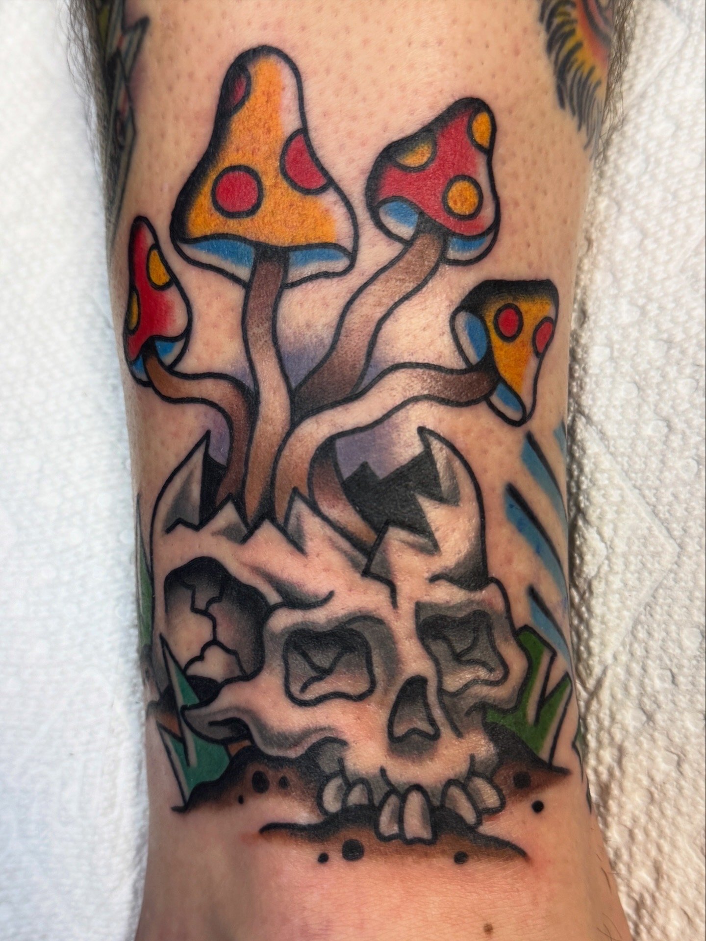 Tattoo of a skull with mushrooms growing out of it, in a colorful and illustrative style.