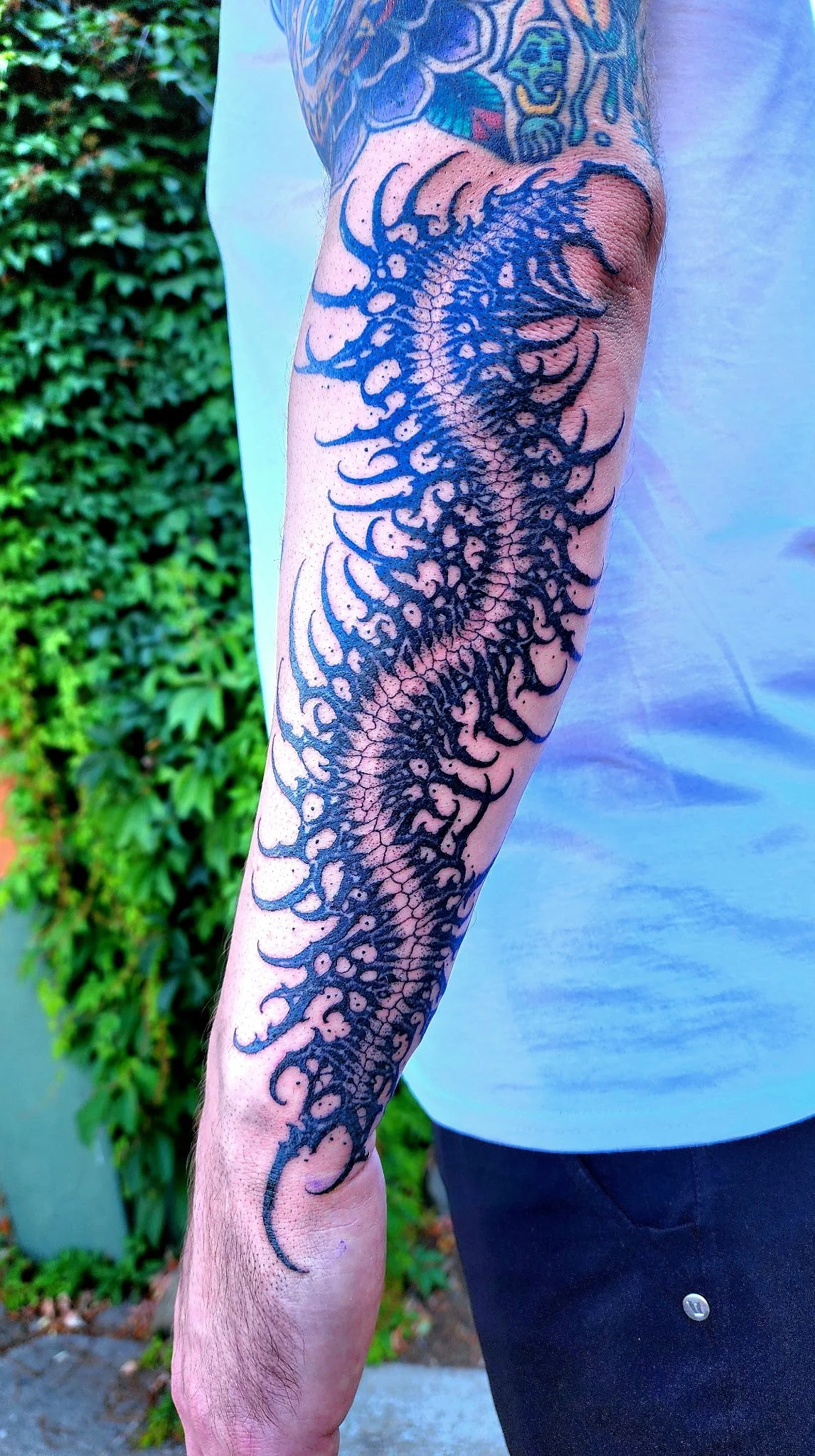 A person with a detailed, black dragon tattoo running along their forearm.