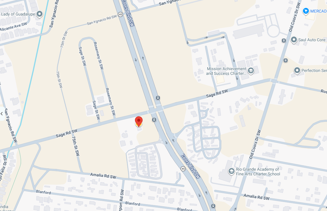 Map showing the intersection of Sage Rd SW and Gools Blvd SW, with surrounding streets and landmarks, including Mission Achievement and Success Charter, Rio Grande Academy of Fine Arts Charter School, and local auto-related businesses.