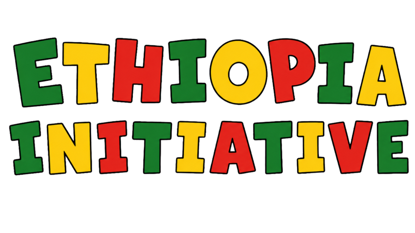 Colorful letters spelling 'Ethiopia Initative' in red, yellow, and green on a black background.