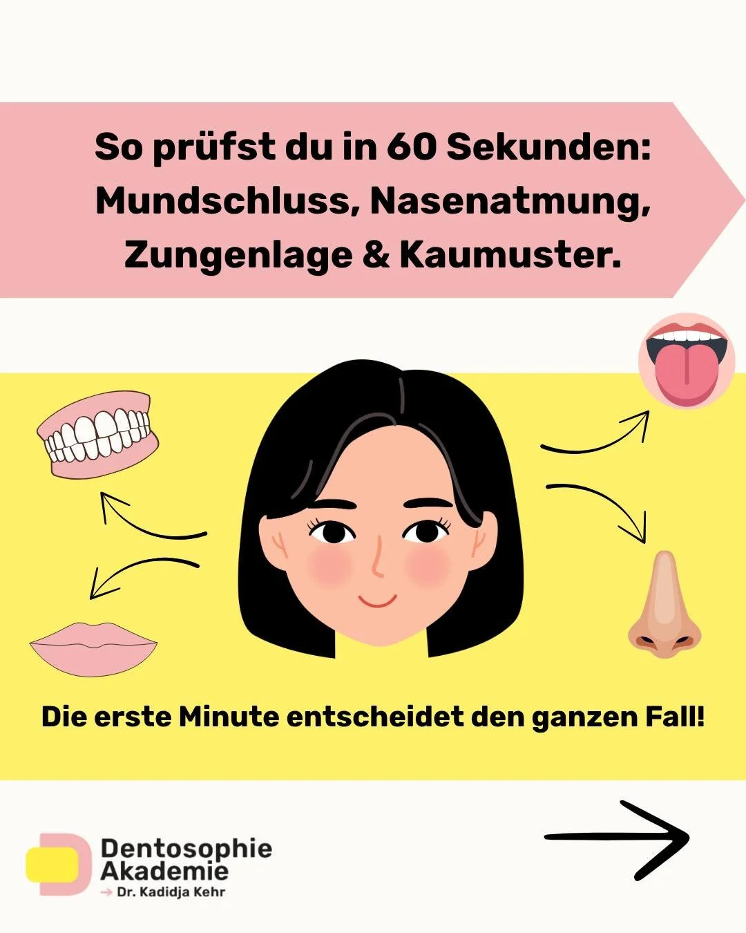 In nur 60 Sekunden kannst du die entscheidenden Funktionen pr&uuml;fen, die den Verlauf jeder Behandlung beeinflussen:
✔️ Mundschluss
✔️ Nasenatmung
✔️ Zungenlage
✔️ Kaumuster

Das klingt simpel, ist aber oft der Gamechanger. Denn wer direkt mit Schi
