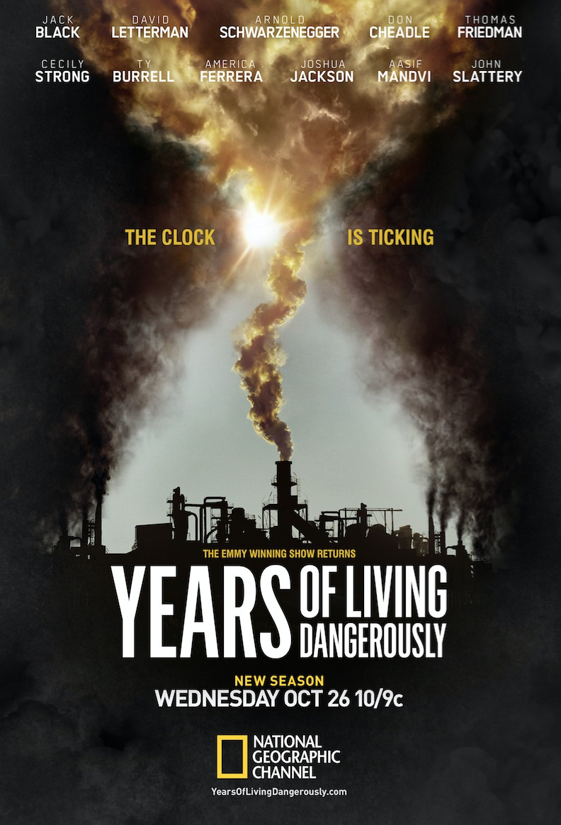 A promotional poster for a television show featuring a smokestack emitting dark smoke and bright sunlight piercing through clouds. The poster includes various actor names and details about the show's new season premiering on October 26 at 10/9c on the National Geographic Channel.
