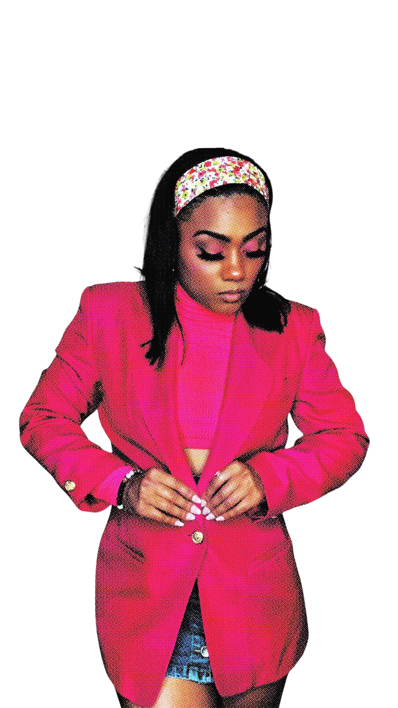 A woman with dark hair wearing a pink blazer, pink turtleneck, floral headband, and denim shorts.