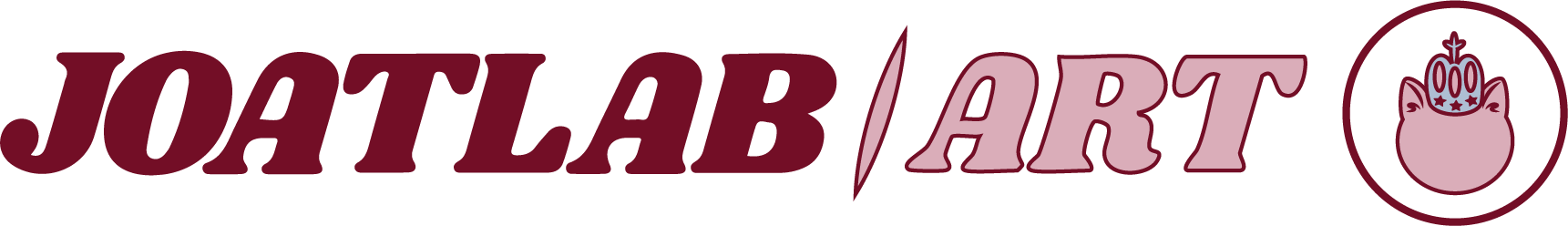 Logo with the text "Joatlab Art" in maroon and pink, featuring a stylized pink cat head with a crown inside a circle.