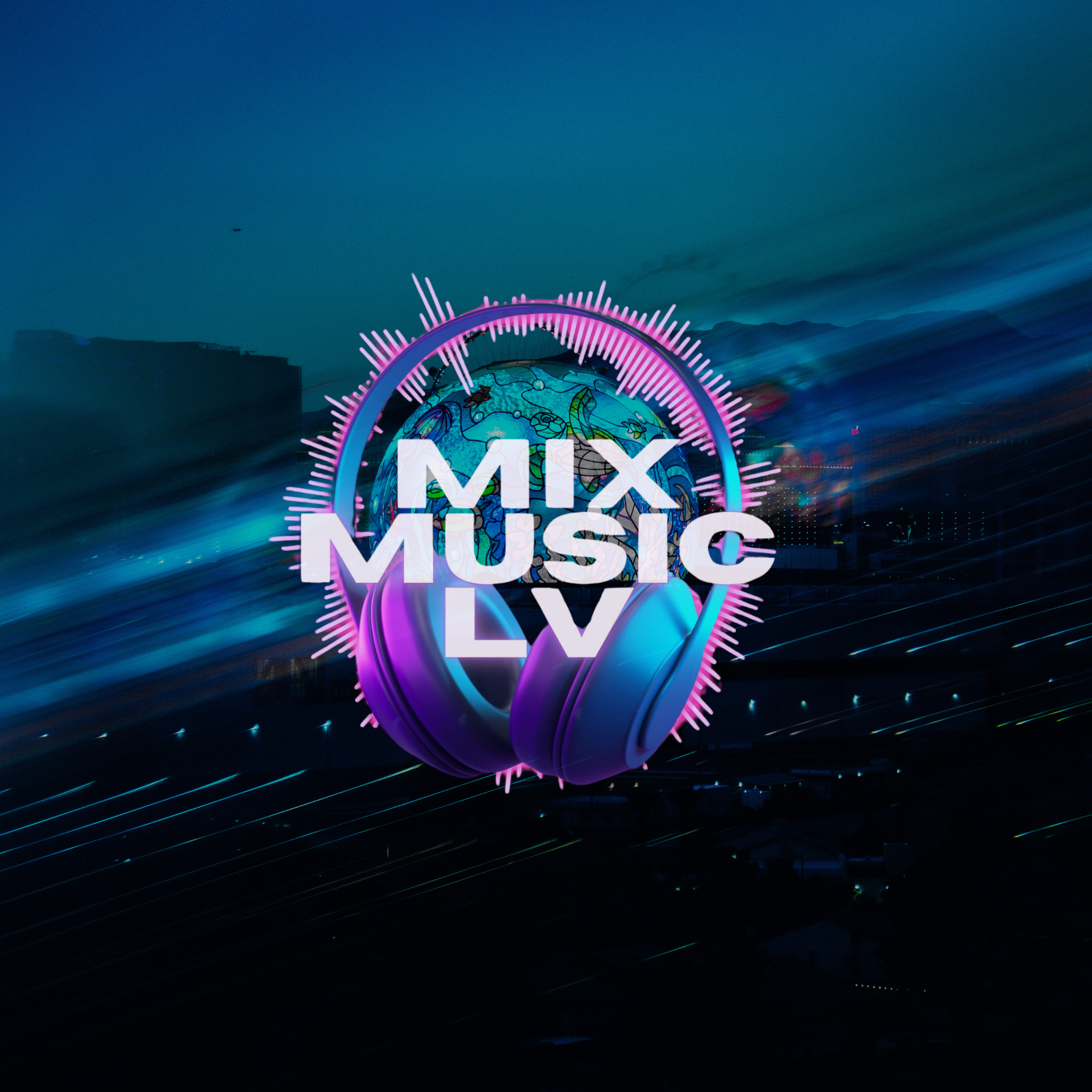 A neon sign displaying the words "Mix Music Live" with a graphic of a pair of headphones and a globe in the background, set against a cityscape at night with streaks of light from moving traffic.