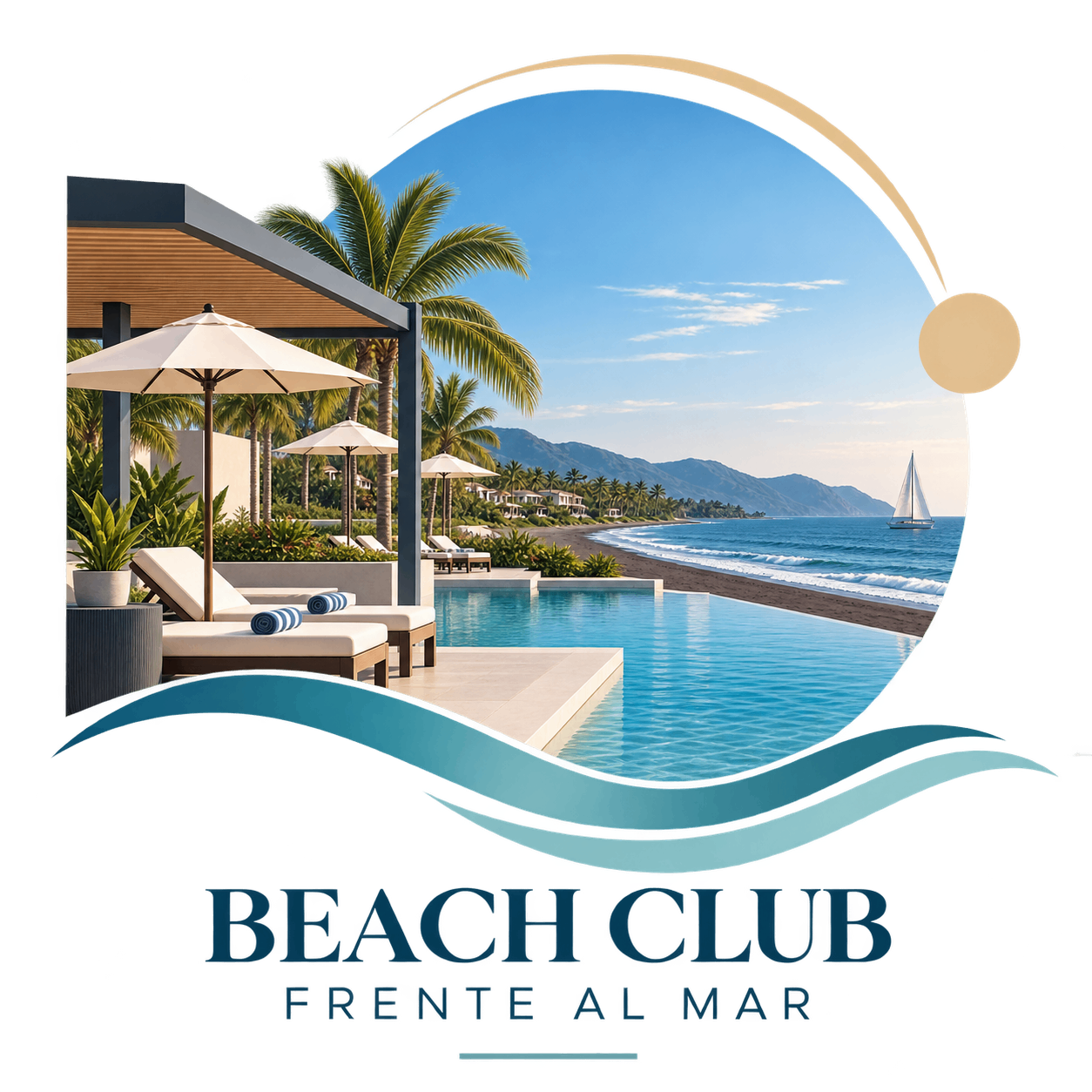 Beach Club de DAMARE frente al mar con piscina y áreas de descanso.