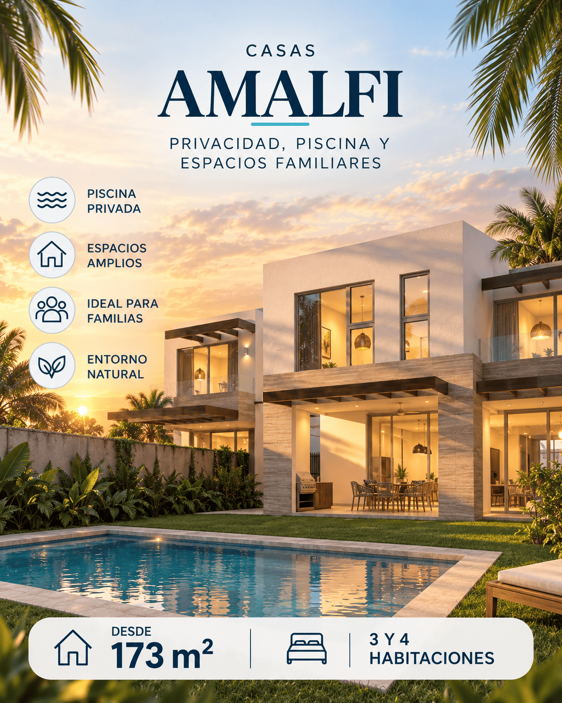 Casas Amalfi en DAMARE, desde 173 m², con 3 y 4 habitaciones, piscina privada y espacios familiares.