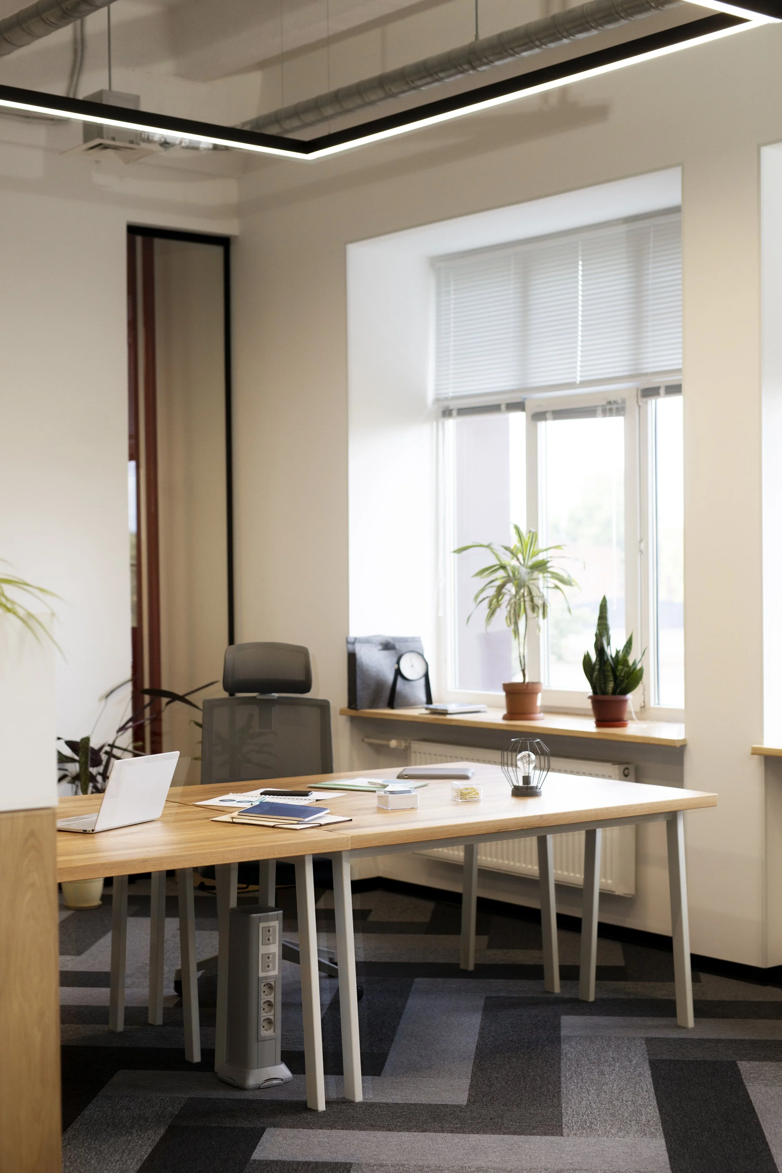 Oficina moderna con mesa de madera, silla, plantas en la ventana y objetos de oficina.