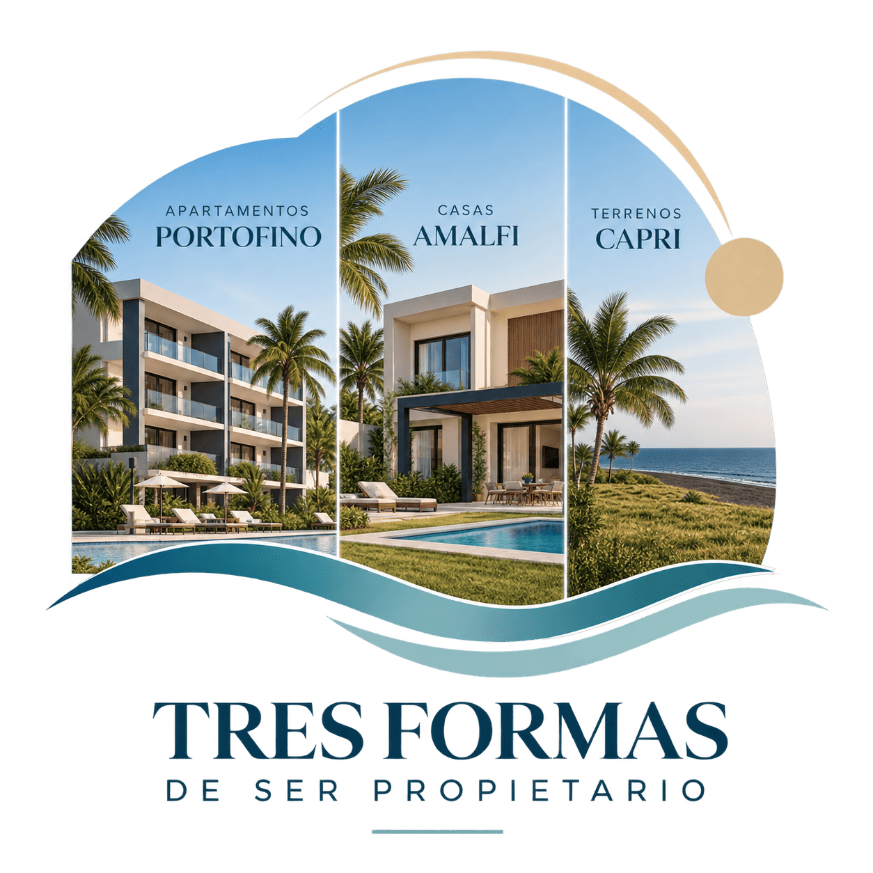 Tres formas de ser propietario en DAMARE: apartamentos Portofino, casas Amalfi y terrenos Capri.