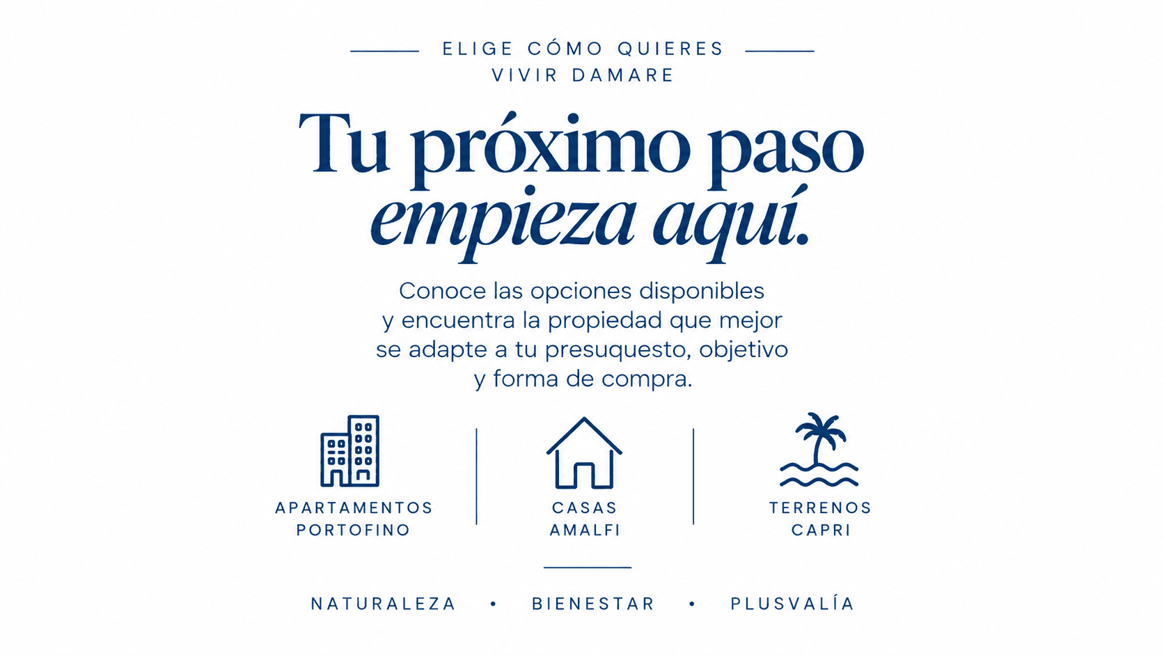 Conoce las opciones disponibles en DAMARE: apartamentos Portofino, casas Amalfi y terrenos Capri.