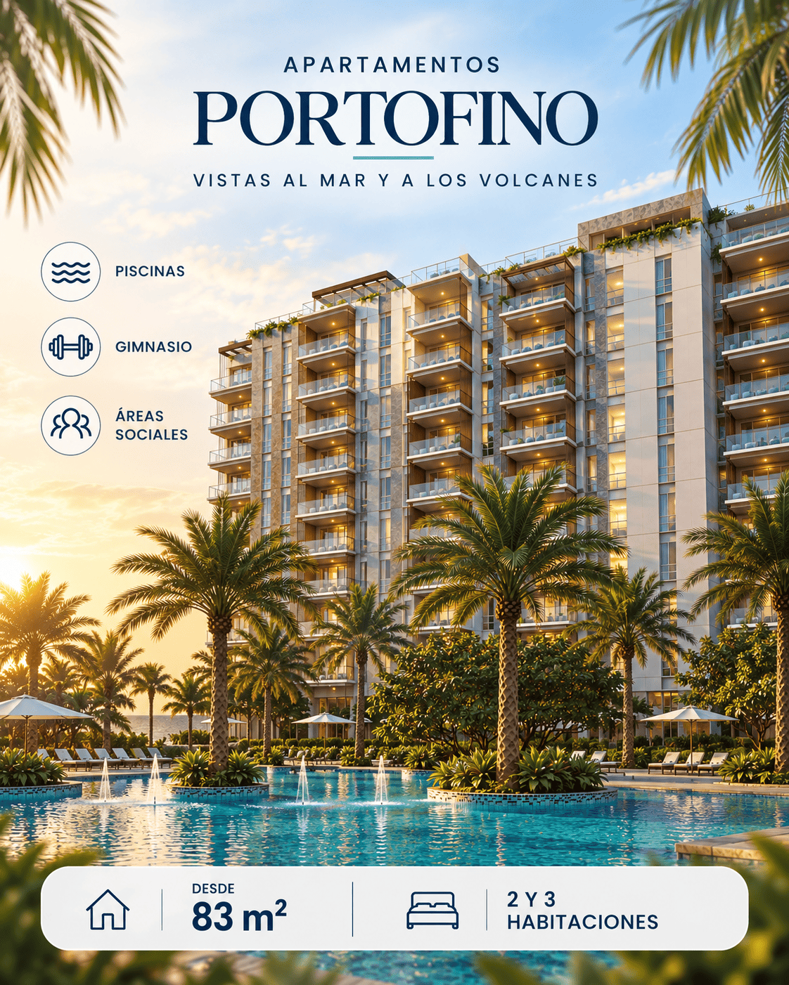 Apartamentos Portofino en DAMARE, desde 83 m², con 2 y 3 habitaciones, piscinas, gimnasio y áreas sociales.