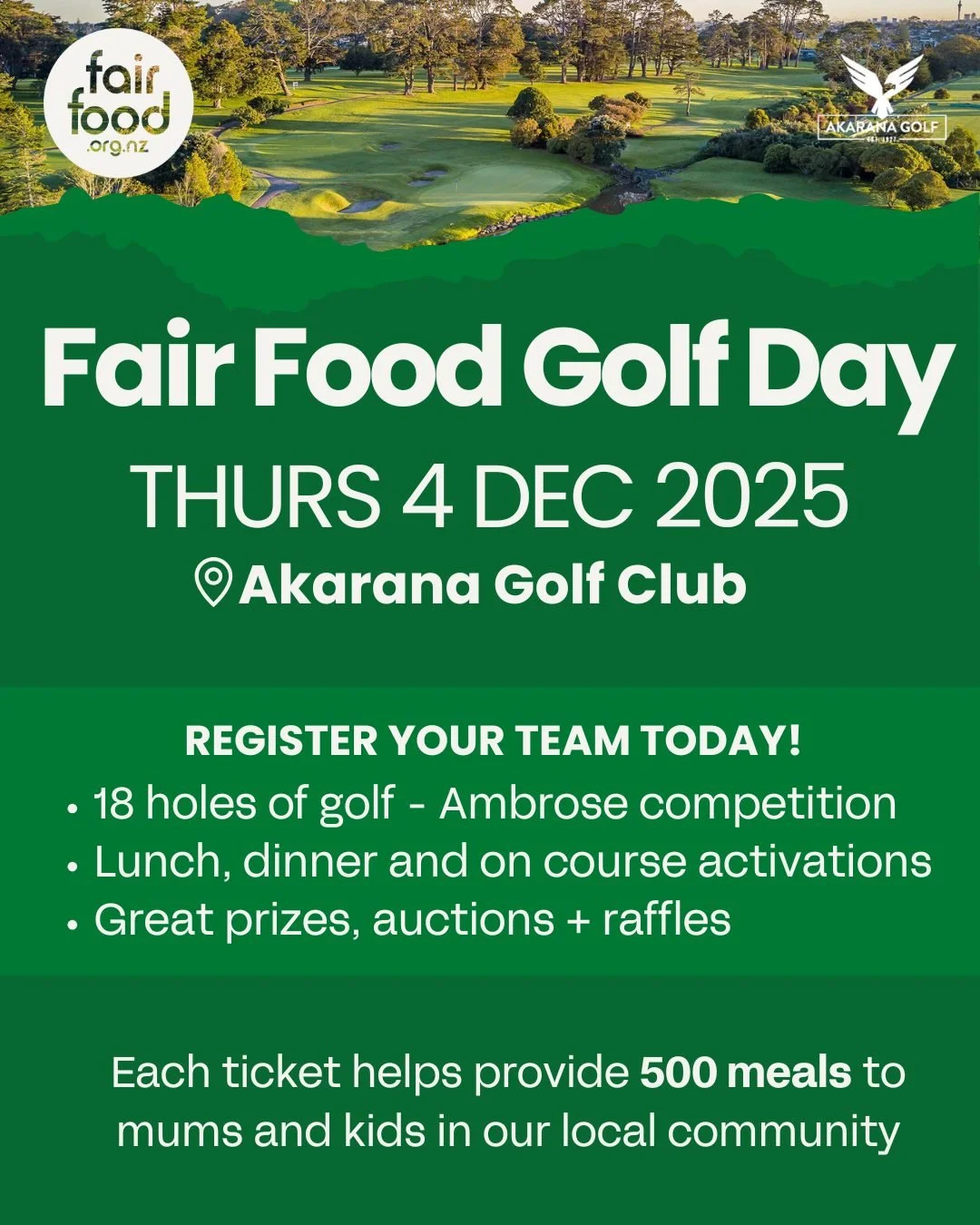 Grab your clubs and get ready to support Fair Food on the green at our charity golf day on Thursday 4 December at Akarana Golf Course. Link in bio to register and check out our awesome auction items! ⛳