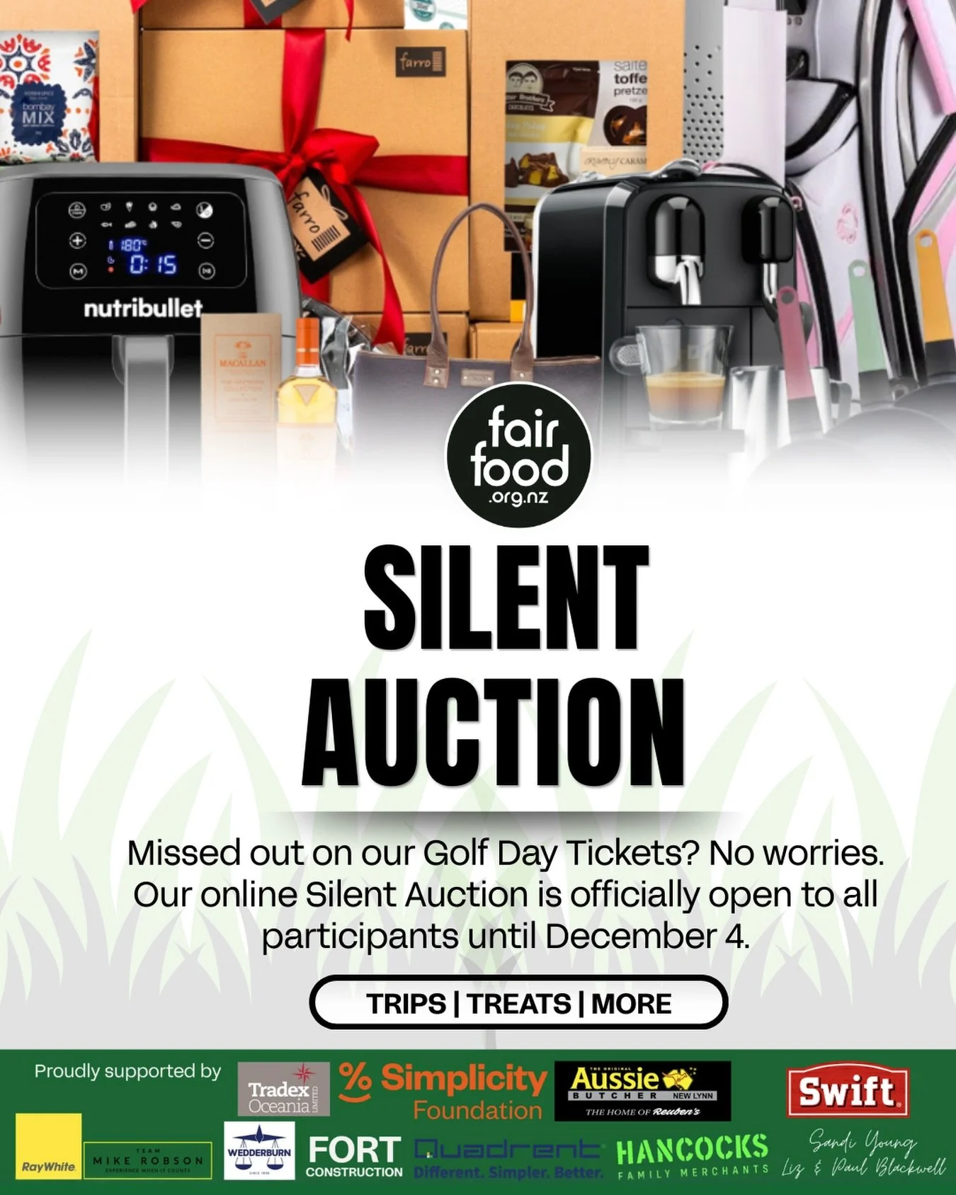 This Thursday we are taking Fair Food onto the green at Akarana Golf Club. Tickets might be sold out but you can still support by checking out our incredible auction items including restaurant vouchers, Tara Iti merch, boxes of wine, coffee machines 