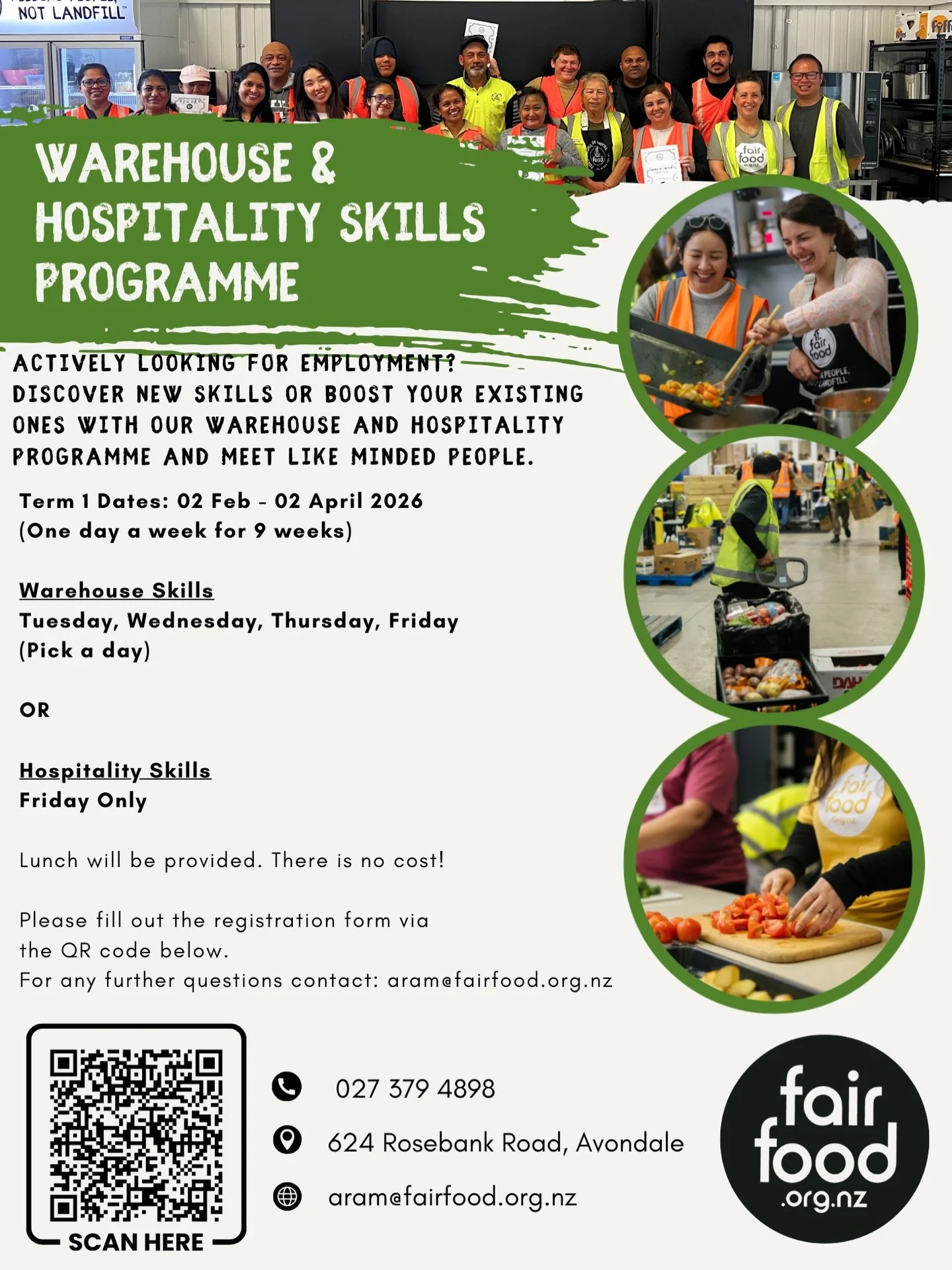 Actively looking for employment? Discover new skills or boost your existing ones with our warehouse and hospitality programme and meet like minded people. This is a free course! Register via the QR Code. 

#fairfood #mahi #upskillnow #hospo #warehous