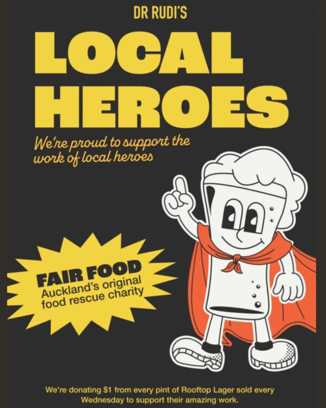 Our friends at Dr Rudi's support us year round! Last year they enabled over 4,500 meals to be shared in the community to those going without. Pop in on Wednesdays and enjoy their Rooftop Lager, $1 from each sale comes to Fair Food!

Book to Support: 