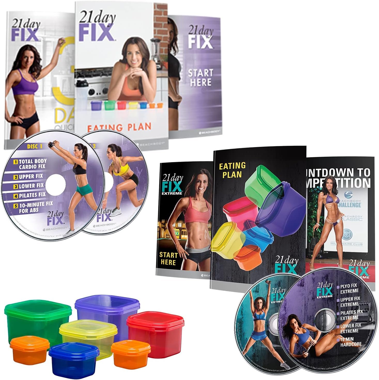 Beachbody 21 Day Fix & 21 Day Fix Extreme - Workout Accessories + Fitness DVDs Bundle, Body Weight Home Workout Planner & Video Guide, Meal Plan and Portion Control Containers Included