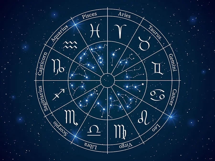 An astrological chart with zodiac signs arranged in a circle against a starry night sky background.