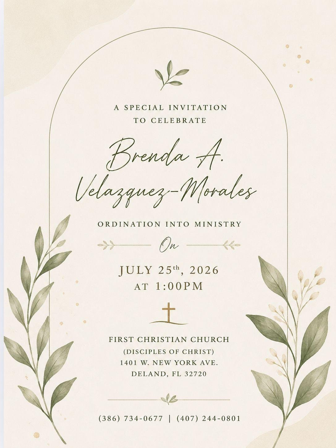 The Ordination to Ministry Service for Brenda A. Velázquez Morales will be celebrated on July 25th at 1pm. 