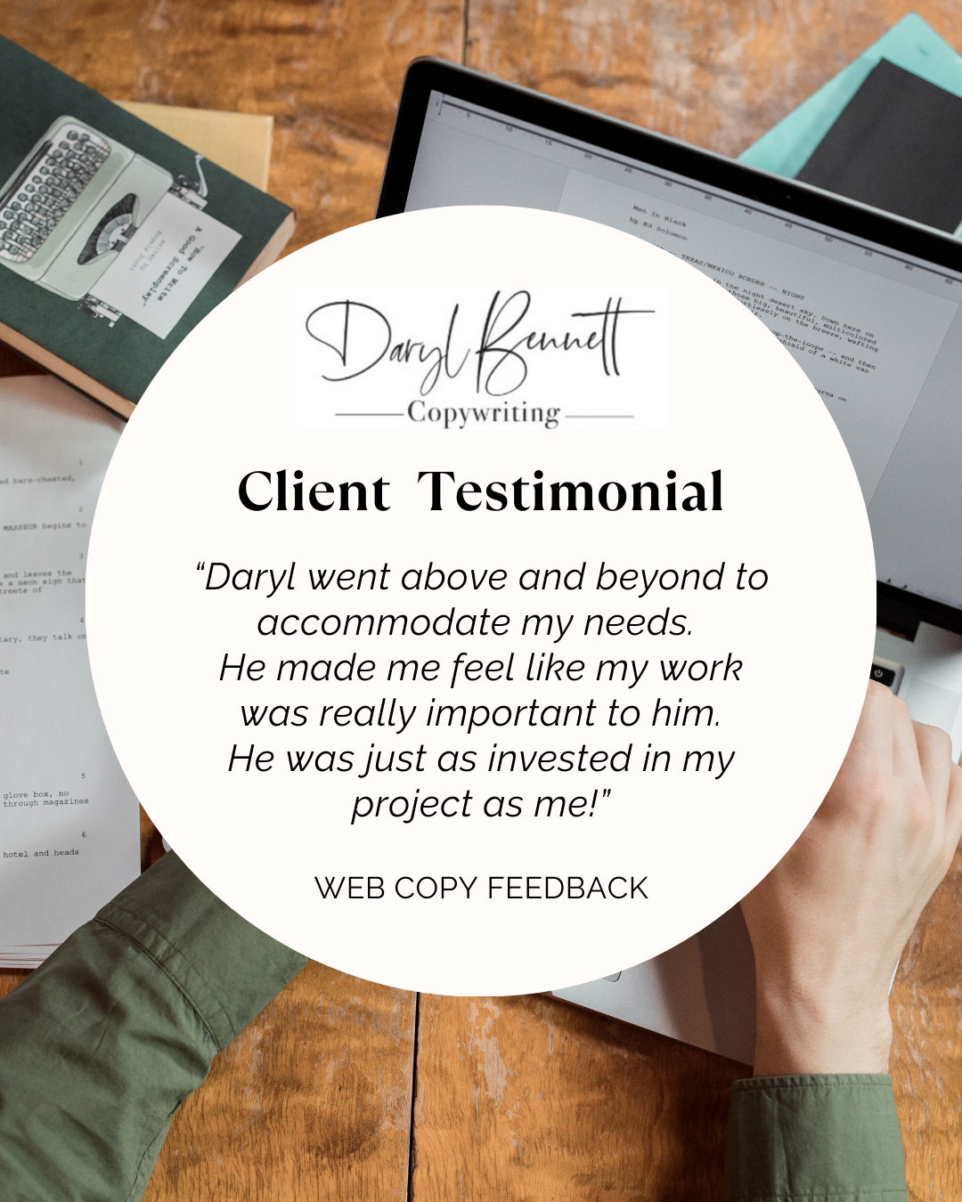 Client testimonial for fitness website copywriting overlaid on an image of a workdesk