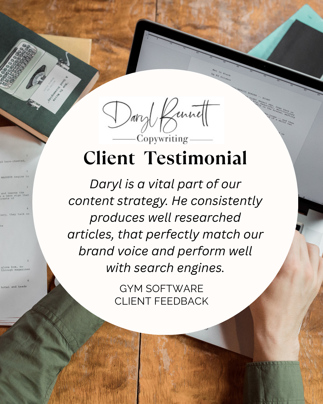 Client testimonial for fitness blogs and article content overlaid on an image of a workdesk