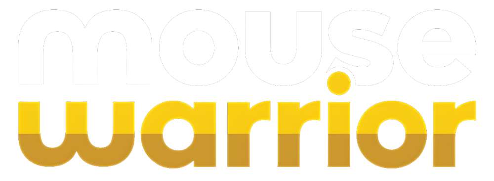 Text saying 'mouse warrior' with 'mouse' in gray and 'warrior' in yellow, 3D styling