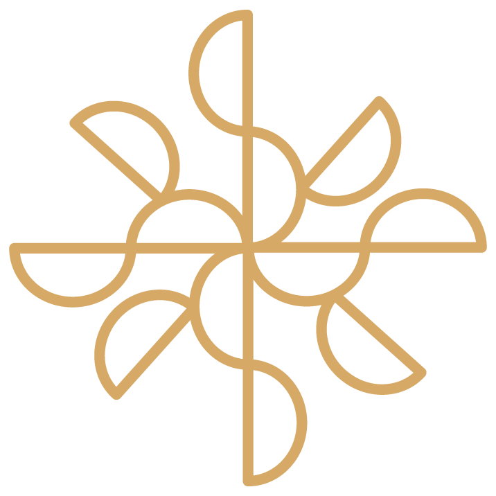 A geometric, symmetrical abstract design in gold color on a black background, resembling a stylized flower or star.