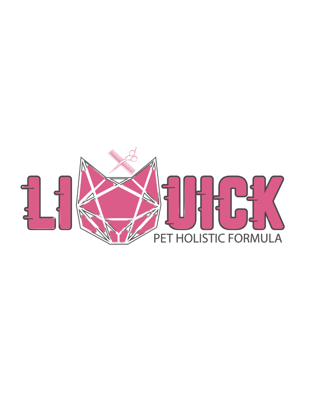 Logo for Livuck Pet Holistic Formula featuring a geometric pink dog face with a pink scissors and brush icon above it, and the text "LIL LIVUCK PET HOLISTIC FORMULA"