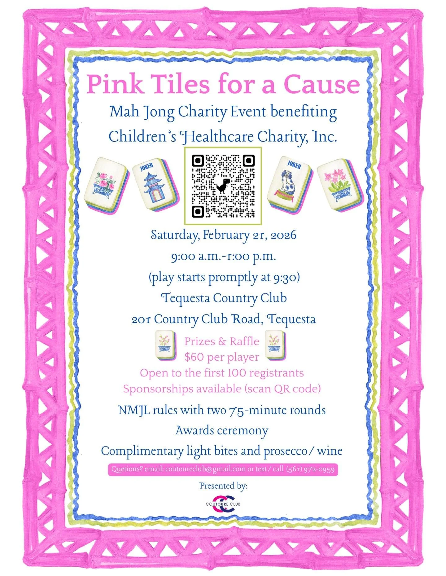 🩷 🀄️ Pink Tiles for a Cause is this Saturday 2/21!  Proceeds from the event will be distributed to non-profit organizations in Palm Beach County and South Florida that enhance the health and welfare of our children and the future of our community. 