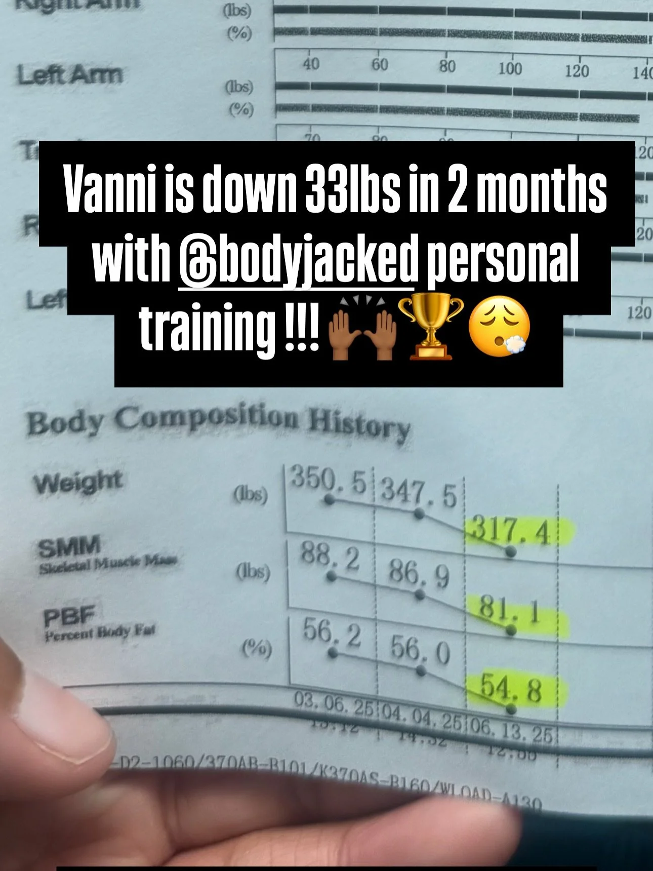 This is what 60 days 4 days a week with Body Jacked Personal Training looks like! 
Vonnie is Down 33lbs in 2 months with an inbody data scan analysis to prove it. She does 2 days of 45mins to 1hr of cardio on here own, follows the body jacked meal pl