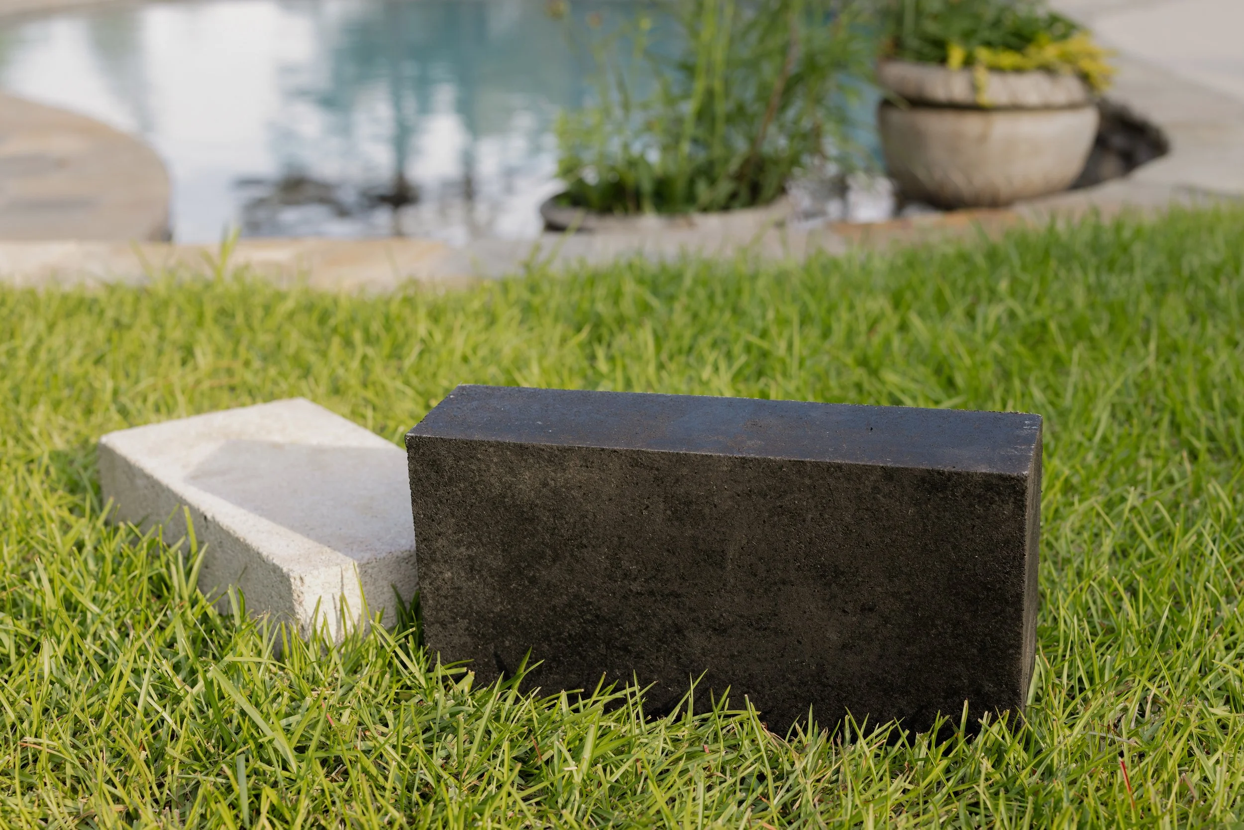 Two rectangular bricks, one white and one black, lying on green grass near a pond with potted plants in the background.