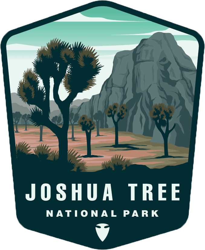 Illustration of Joshua Tree National Park featuring a large Joshua tree, rocky mountain, and desert landscape with smaller trees in the background.