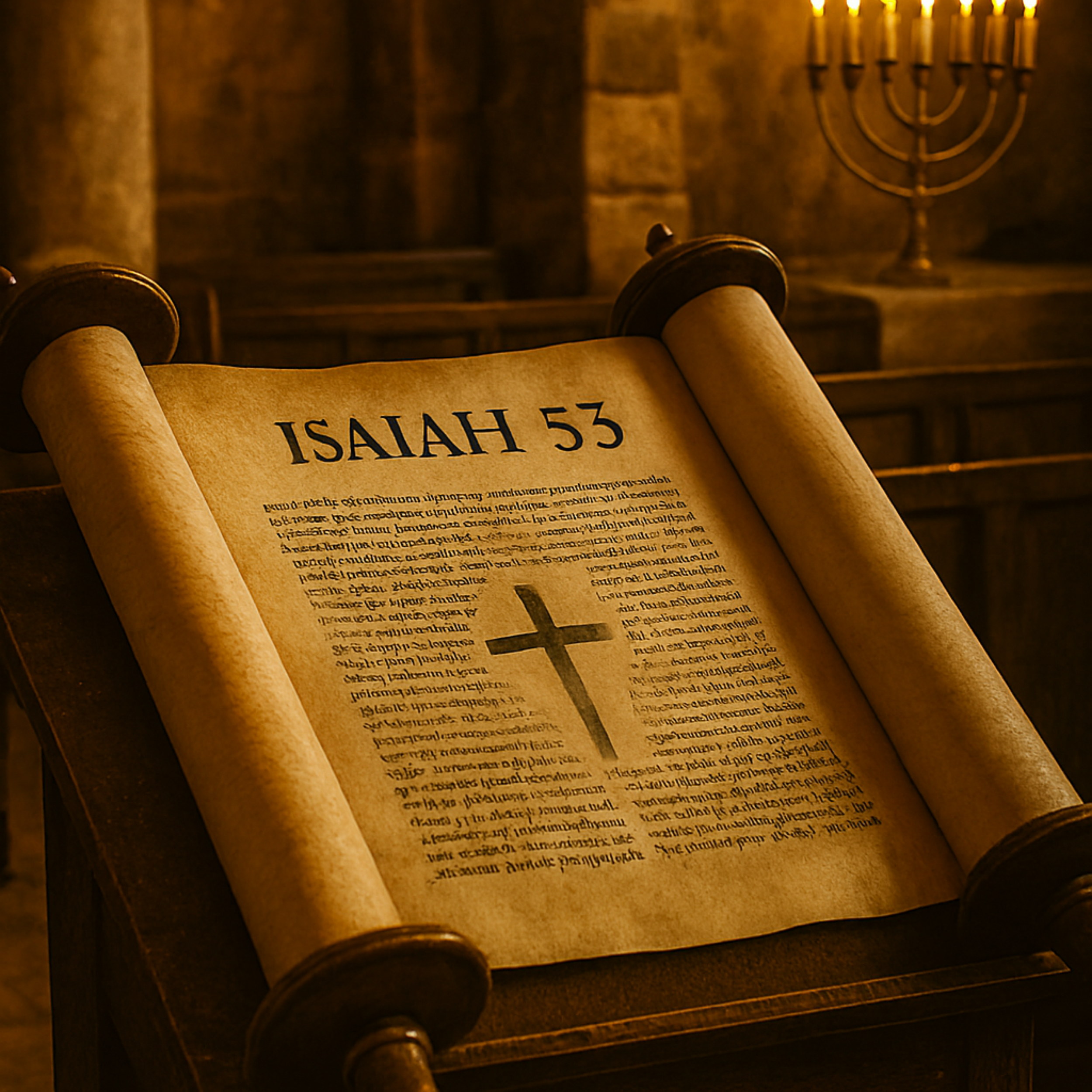 An open scroll with the name Isaac on it, displayed on a wooden stand, with a menorah in the background, all illuminated by warm lighting.