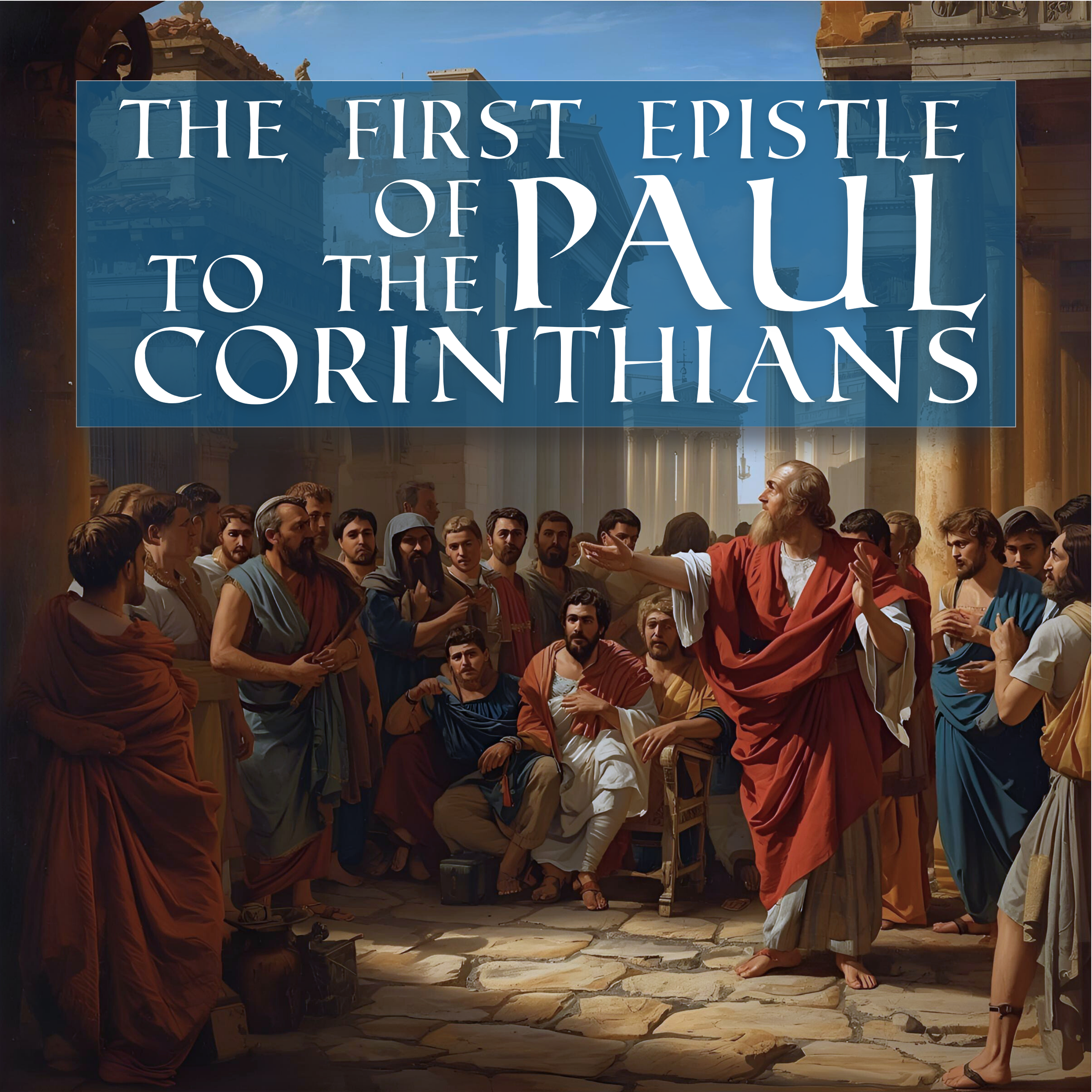 The Apostle Paul speaking to a group of men and women in ancient clothing inside a building with stone floor and columns, with a large banner displaying 'The First Epistle of Paul to the Corinthians' hanging in the background.