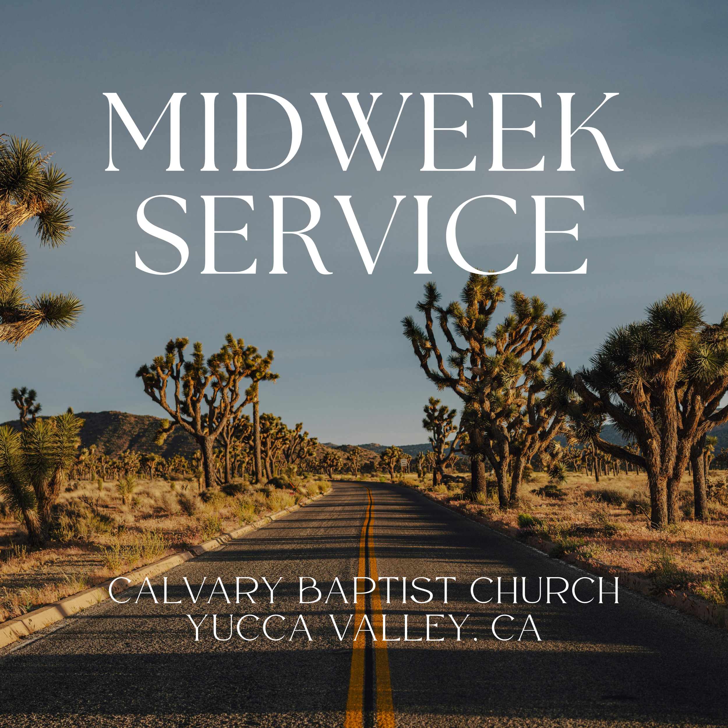 A winding road through a desert landscape with unique Joshua trees and sparse vegetation, overlaid with white text for Calvary Baptist Church and Yucca Valley, California.