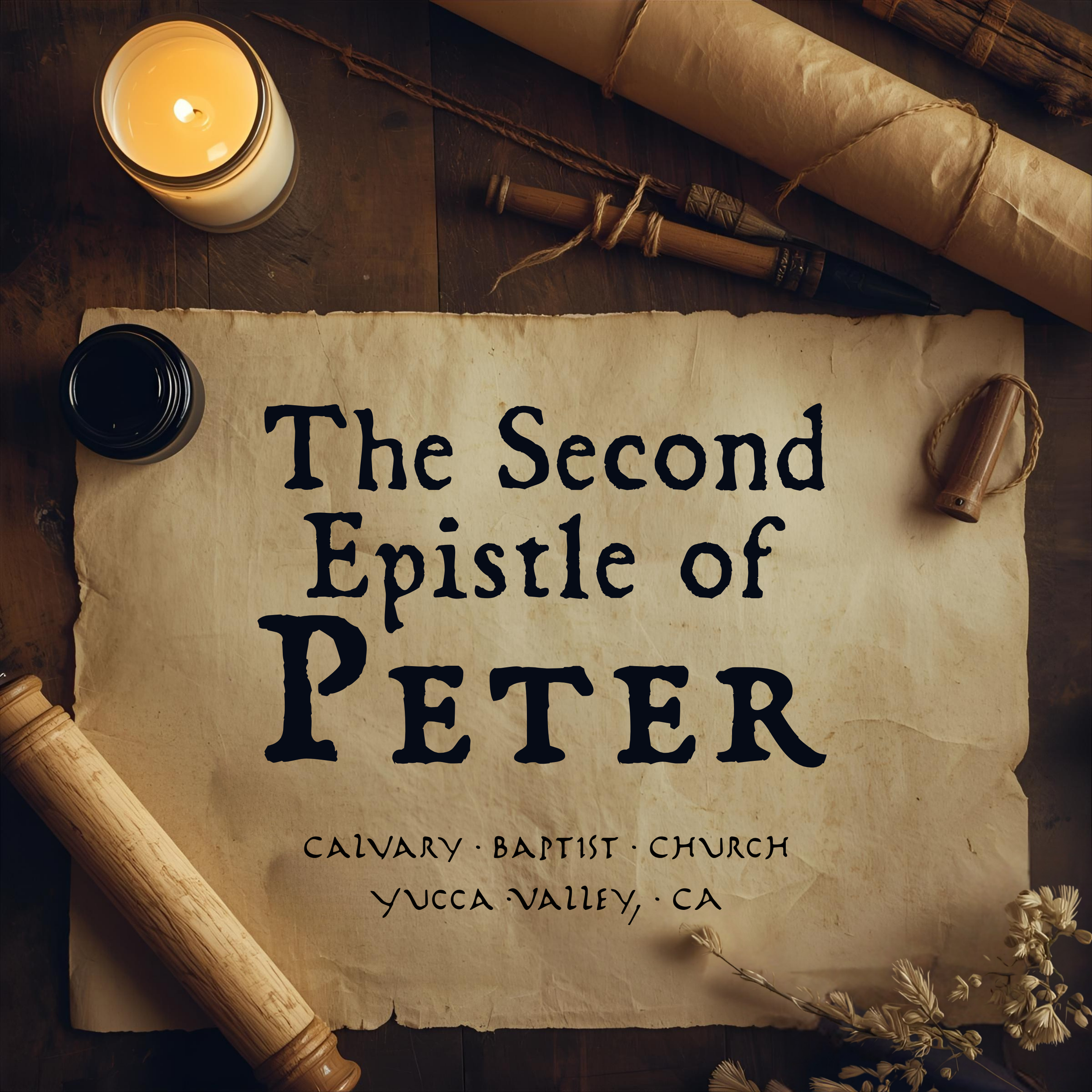 A candle, a scroll of parchment, a quill pen bound with twine, and dried flowers on a wooden surface, with a partially visible parchment paper that reads: 'The Second Ester of' followed by additional text indicating a church and location.