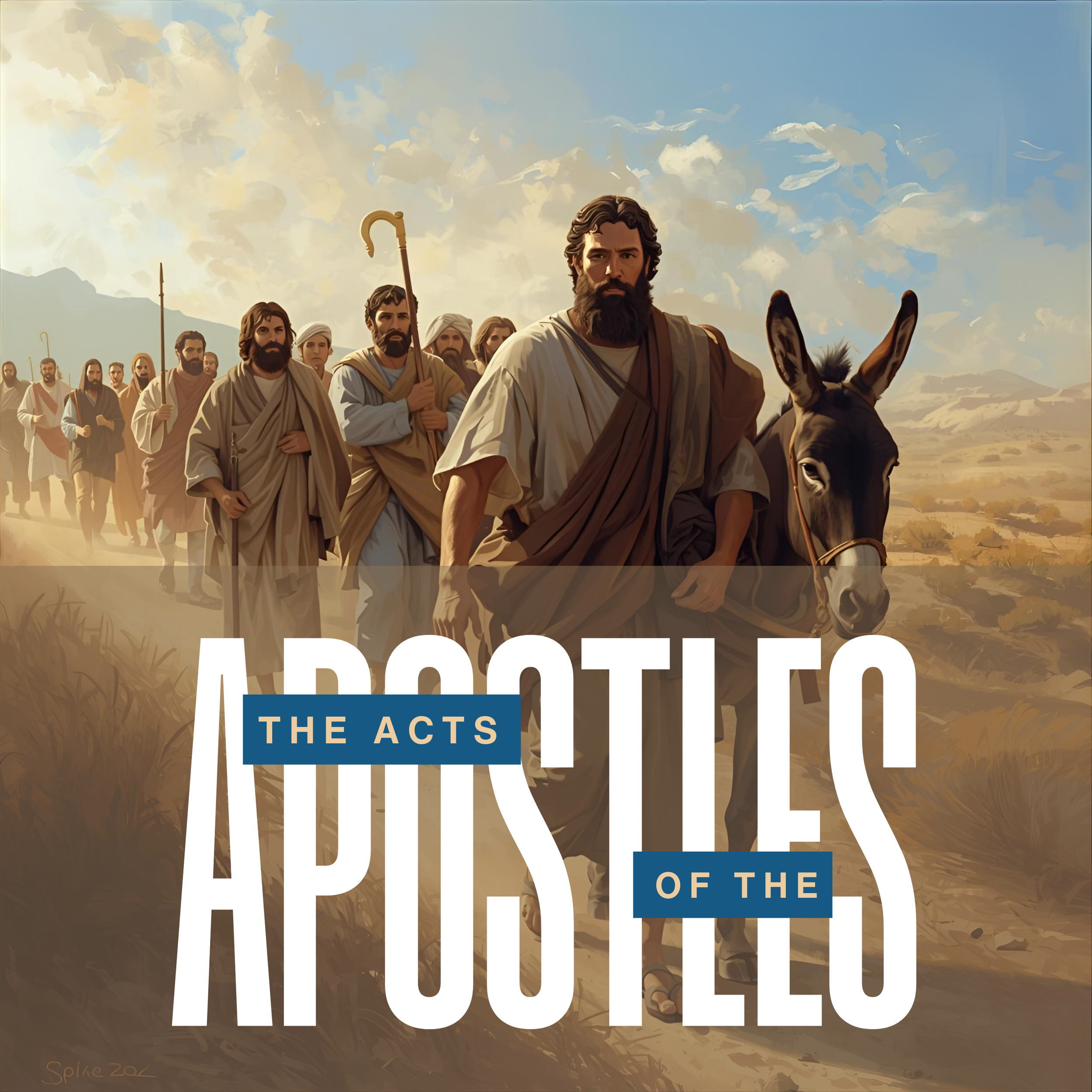 Illustration of a group of historical biblical figures walking in a desert landscape, with a bearded man in the foreground riding a donkey.