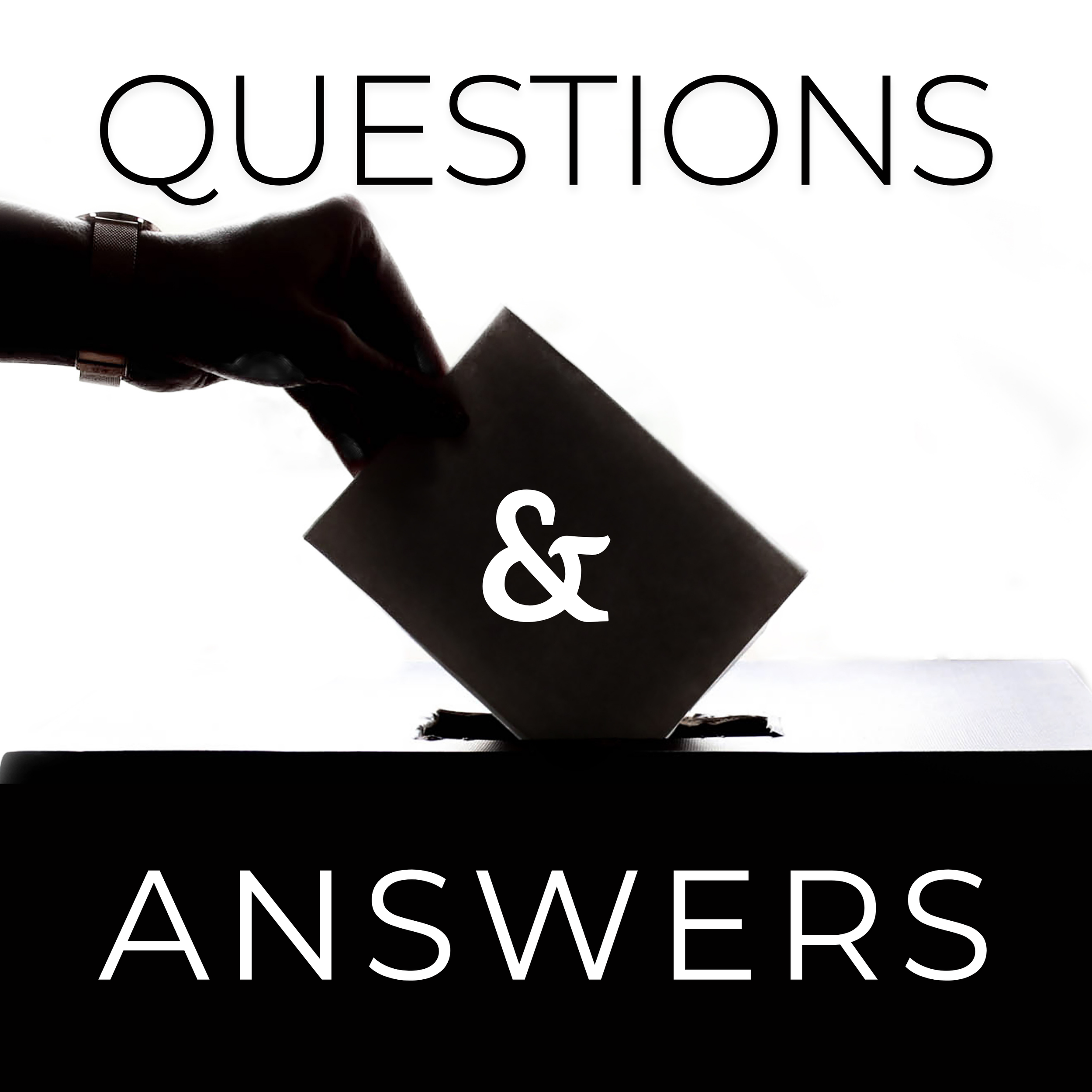 Black hand holding a black card with white text that says '& ANSWERED' against a white background with large black text above reading 'QUESTIONS'