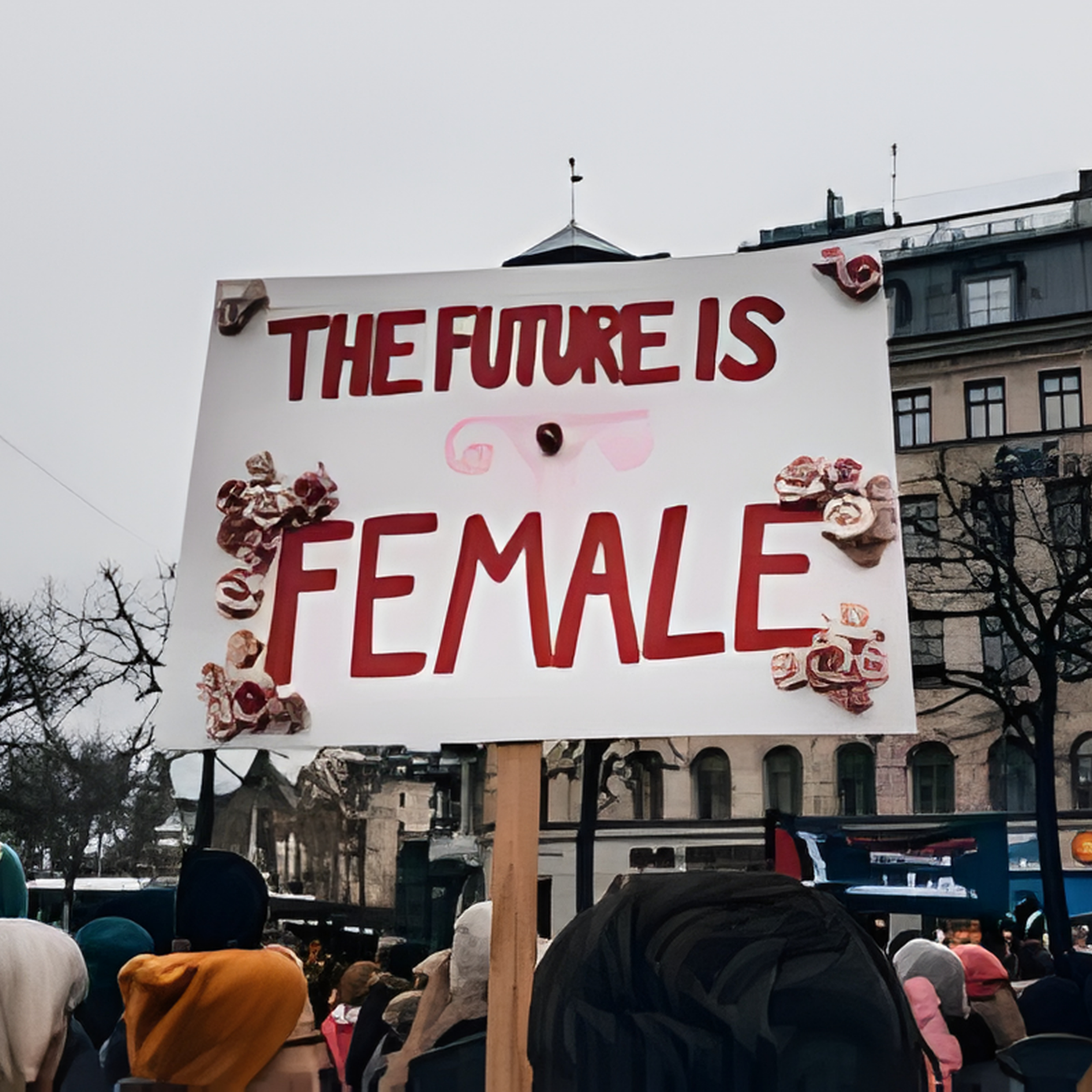 Crowd of people gathered outdoors holding signs, with a cloudy sky and buildings in the background.