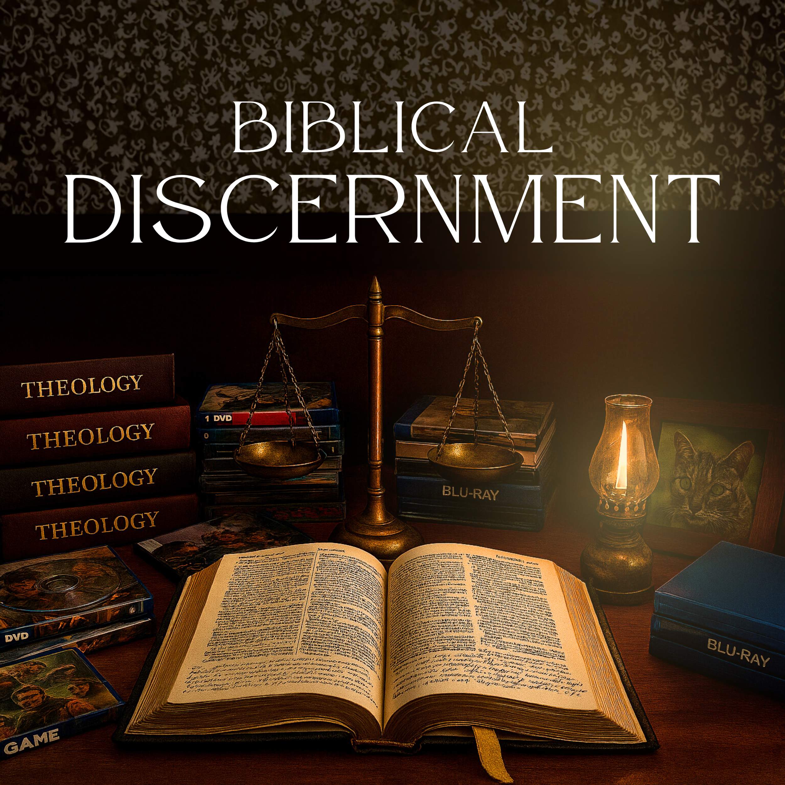Open Bible on a desk with law books labeled 'Theology', a set of balance scales, a candlestick, and DVD and Blu-ray cases.