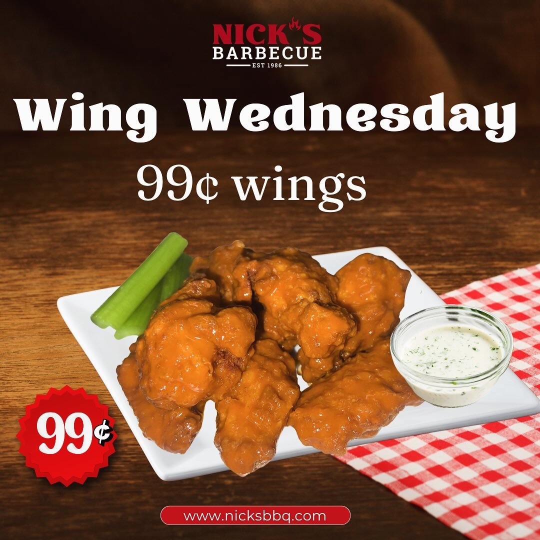 Wing Wednesdays | .99&cent; wings‼️
6 wings minimum!
&bull;
&bull;
#nicks #bbq #wings #special #wingwednesday #chicago #chifood #chicagofood #chicagofoodie #burbank #alsip #tinleypark #homerglen
