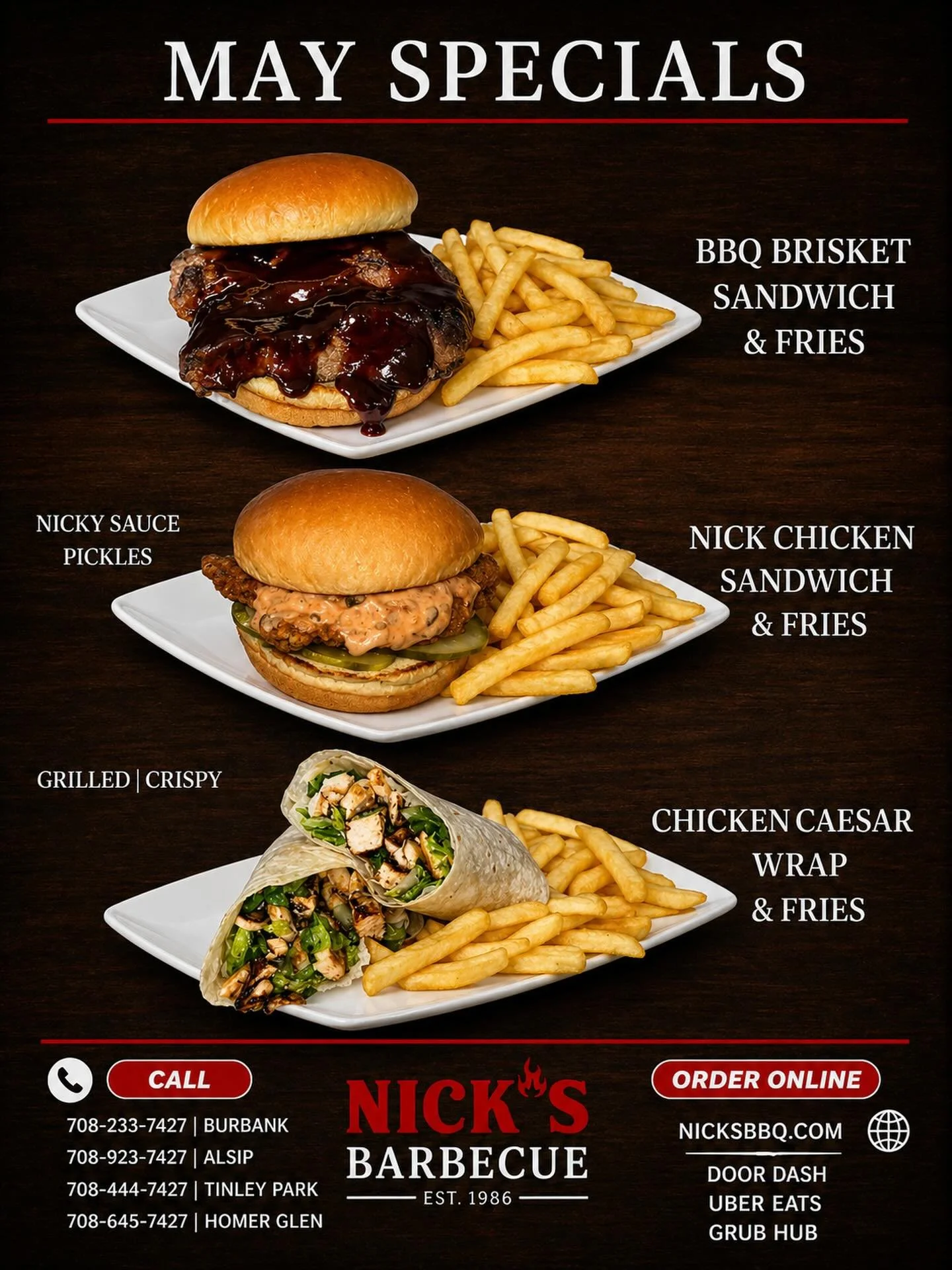 MAY SPECIALS‼️
&bull;
&bull;
#nicksbbq #burbank #alsip #tinleypark #homerglen