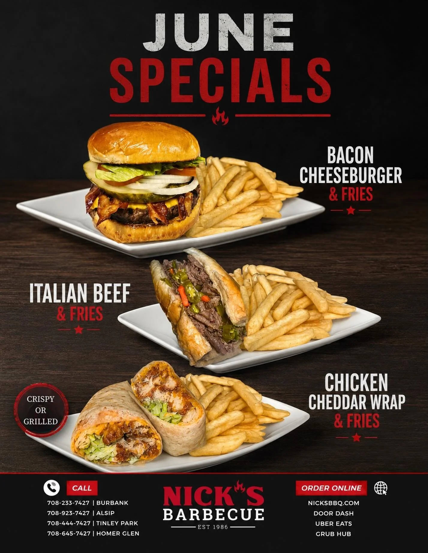 JUNE SPECIALS ARE 🔥 
&bull;
&bull;
#nicksbbq #burbank #alsip #tinleypark #homerglen